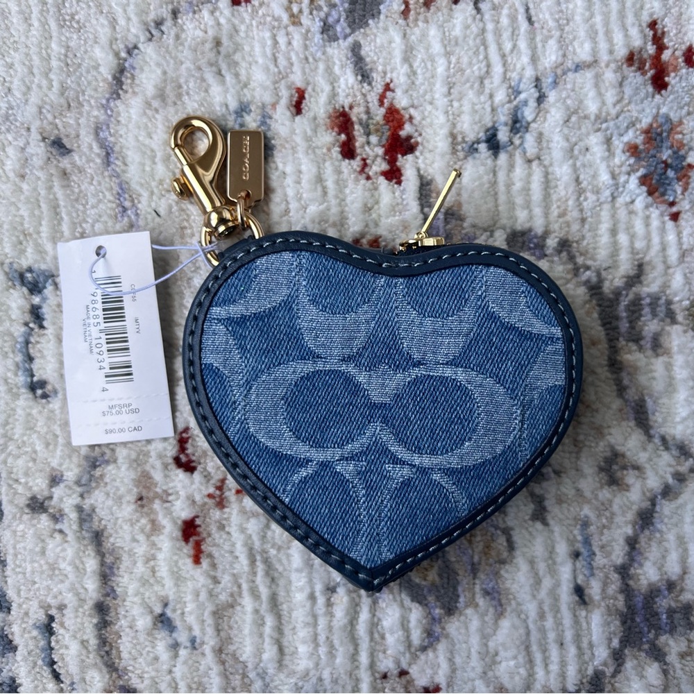 NWT Brand New Coach Blue Denim Heart Purse Charm coin purse